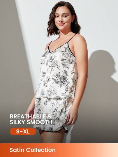 LUVLETTE Satin Floral Camisole & Shorts Women Pajama Set Lingerie As Outerwear