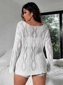 Flirla Plus Size Round Neck Long Sleeve Hollow Out See-Through Sweater Pullover, Daily Casual Knit Pullover Fall Winter Outfit