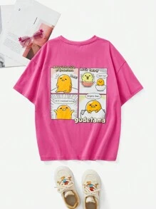 Gudetama X SHEIN Tween Girls' Cartoon Printed Pink Casual Short Sleeve T-Shirt, Cute And Lively