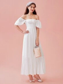 Enchnt Đầm tay phồng trễ vai mùa hè thanh lịch dành cho nữ - trắng - Xem 7