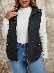 SHEIN VCAY Plus Zip Up Quilted Vest Coat , Black - Black - View 4