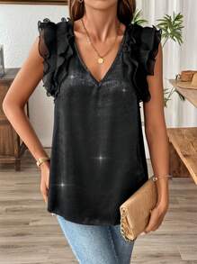 SHEIN LUNE Damen Doppellagiges A-Linien Shirt mit glänzendem Satinfinish, V-Ausschnitt, Flatter-Ärmel und Blumenspitze Details in Aprikosenfarbe, Sommer - Schwarz - Übersicht 4