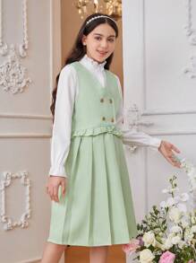 SHEIN Girls' (Big) Front Button Long Sleeve Shirt, Lace Sleeveless Jacket And Pleated Skirt Set