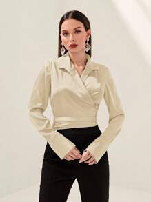 Modelyn Áo sơ mi nữ dài tay cổ chữ V thắt lưng lưng thanh lịch và thời trang - Rượu sâm banh - Xem 5