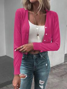 SHEIN LUNE Solid Button Front Crop Hot Pink Cardigan For Dailywear - Hot Pink - View 3