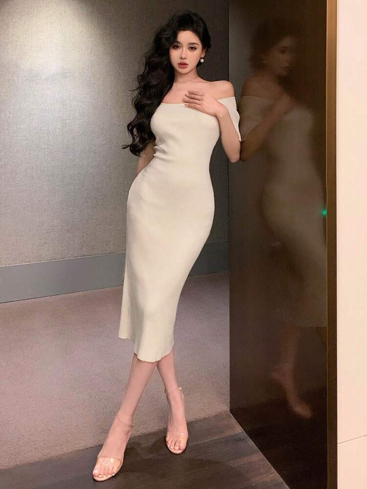 Elegant Solid Color Bodycon Sweater Dress, Perfect For Spring And Summer Prom Dress,Fall Clothes