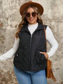 SHEIN VCAY Plus Zip Up Quilted Vest Coat , Black - Black - View 6
