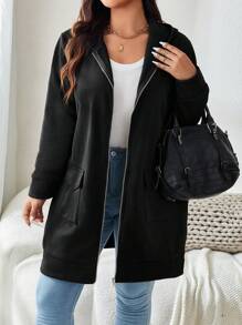 大尺碼女士素色休閒長袖夾克，日常穿著 - 黑色 - 查看 1