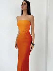 Aloruh 美式渐变色网眼印花抹胸紧身橙色连衣裙 - 彩色 - 查看 5