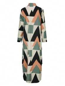 女式长链印花衬衫裙，长袖宽松休闲纽扣领连衣裙