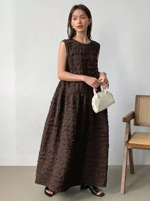 FRIFUL 纯色无袖罩衫连衣裙，适合夏季太阳裙、休闲女装 - 棕色 - 查看 1