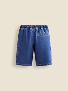 SHEIN 小男孩宽松夏季牛仔短裤，带口袋，返校 - 藍色 - 查看 6