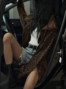 DAZY 豹纹落肩拉链连帽衫，长袖上衣运动衫夹克 - 棕色 - 查看 6