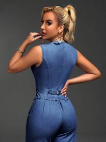 SHEIN SXY 女士純色簡約日常穿搭無袖牛仔褲外套