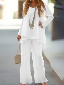 SHEIN Clasi Ladies' Plain And Simple Daily Wear Two-Piece Set With Long Sleeve Top And Pants - White - View 1