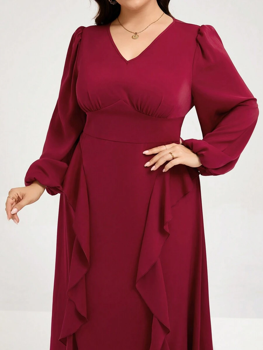 Modelyn Burgundy Red Plus Size Women's Plain Simple Daily Wear Arabesque Style Long Sleeve Blouse With Ruffle Hem Long Evening Dresses - Burgundy - View 1