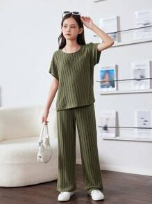 SHEIN Tween Girl Knitted Casual Fit T-Shirt And Wide Leg Pants Casual 2pcs Set