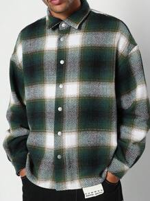 SUMWON St. Patrick's Day Flannel Plaid Button Down Shirt Herringbone Pattern Casual Streetwear Lucky Charm Shamrock Green Winter Outerwear Irish-Themed Holiday Apparel