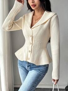 SHEIN LUNE 女式春秋纯色翻领长袖开衫，带荷叶边下摆和单排扣纽扣