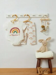 SHEIN Baby Boys' Rainbow Allover Print Short Sleeve Romper With Long Pants, 2pcs Casual Homewear Set - White - View 1