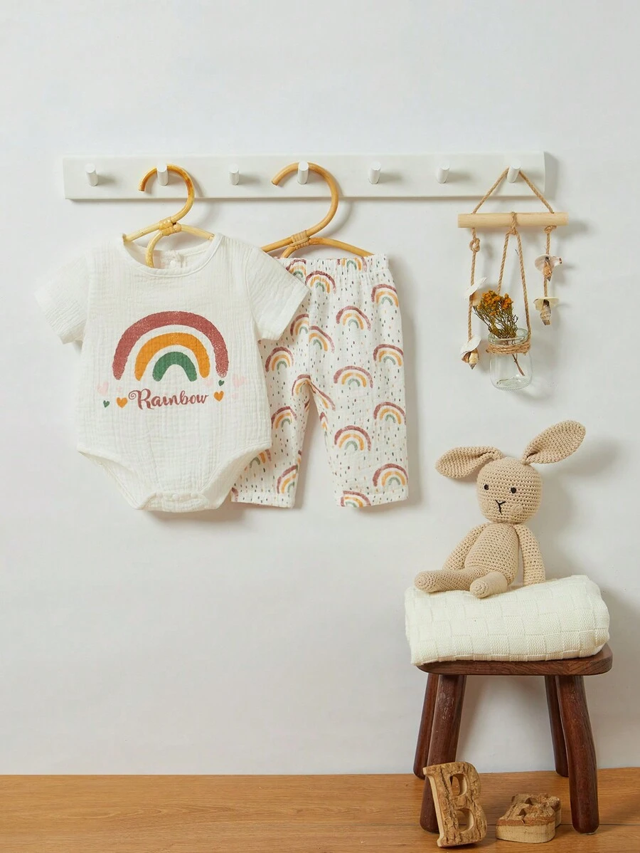 SHEIN Baby Boys' Rainbow Allover Print Short Sleeve Romper With Long Pants, 2pcs Casual Homewear Set - White - View 1