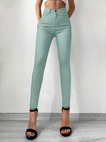 Cottnline Solid Cropped Skinny Jeans - Mint Green - View 1