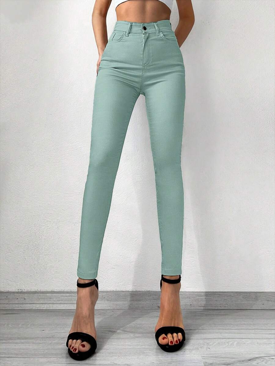 Cottnline Solid Cropped Skinny Jeans - Mint Green - View 1