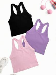 SHEIN Sport Gameset 3pcs Solid Color Ribbed Knit Sports Neck-Hanging Top