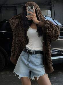 DAZY 豹纹落肩拉链连帽衫，长袖上衣运动衫夹克 - 棕色 - 查看 4