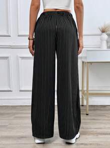 SHEIN Essnce Women Dress Pants Uniform Pants Teacher Pants Ladies' Commuting Black Striped Elastic Waist Wide Leg Trousers With Double Pockets - Black and White - View 2