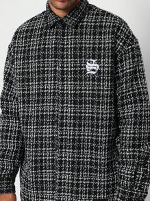 SUMWON Designer Tweed Button Up Overshirt Jacket Streetwear Fashion Long Sleeve Classic Check Pattern Winter Fall Casual Outerwear Workwear Style High End Clothing - Black and White - View 3
