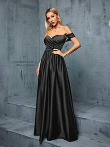 Asymmetrical Crossed & Pleated Satin Dress With Off Shoulder - Black - View 6