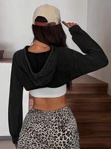 SHEIN EZwear Ladies' Solid Acid Washed Look Vintage Drawstring Detail Super Crop Hoodie - Black - View 6