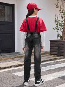 Tween Boys' Cute And Lively  Black Denim Overalls