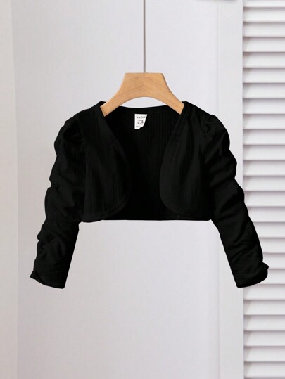 SHEIN Baby Girl Cute Knit Simple Versatile Puff Sleeve Long Sleeve Cardigan Jacket Lightweight Sweater, Black