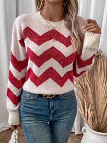 SHEIN LUNE Women's Loose Fit Casual Round Neck Pullover Sweater With Drop Shoulder And Wavy Stripes, Autumn/Winter, Knit Pullover Fall - Multicolor - View 5