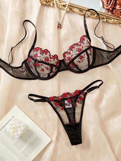 Esselle Zwart Rood Geborduurde Verleidelijke Lingerie Set, view 5