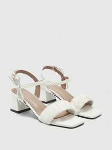 CUCCOO HITCHD Fashionable White Peep-Toe Chunky Heel Sandals For Women, With Pearl Strap & Bowknot Design Halloween - White - View 2