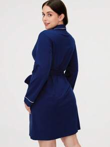 LUVLETTE 秋冬季深蓝色柔软棉质莫代尔短款浴袍系带女士睡衣睡袍女士秋季睡衣和睡衣 - 藍色 - 查看 5