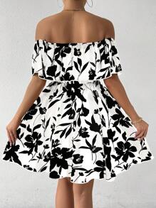 Chiquease 女士夏季休閒花卉印花露肩荷葉邊連衣裙 - 白色 - 查看 2