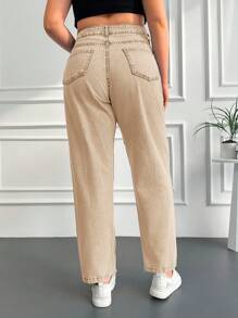 SHEIN Cottnline Plus Size High Waisted Straight Leg Jeans - Apricot - View 2