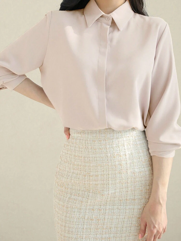 Solid Button Front Long Sleeve Shirt, Simple Work Blouse,Back To School Clothes