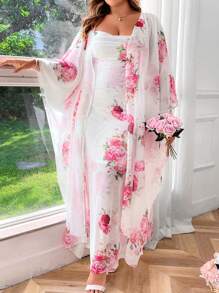 SHEIN Clasi Plus Size Flower Allover Print Spaghetti Strap Dress And Sheer Mesh Cover Up Two Pieces Set, For Summer - Multicolor - View 7