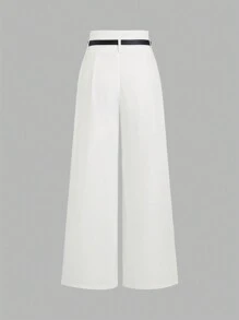 Sweetra Waist Belted Solid Color Wide-Leg Suit Pants - White - View 2