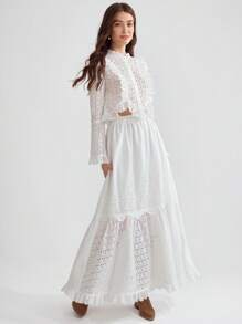 SHEIN Váy ren lưới thêu cạp cao phối viền màu phối bèo cho nữ - trắng - Xem 7