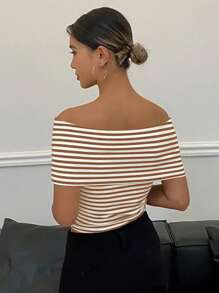 DAZY Summer Casual Off-Shoulder Striped Short Sleeve Cropped T-Shirt,Off Shoulder Top - Brown - View 4