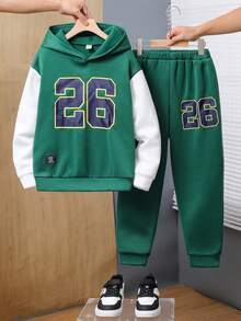 SHEIN Bộ 2 chiếc/Bộ áo hoodie nỉ họa tiết chữ màu cho bé trai tuổi mới lớn, chất liệu nỉ, dày dặn - Nhiều màu - Xem 6
