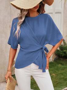 SHEIN LUNE Solid Color Batwing Sleeve Wrap Tie Shirt - Blue - View 5