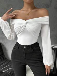 SHEIN Privé 25+ 件休閒風圓燈籠袖網紗上衣，露肩設計，修身適合女性 - 白色 - 查看 6