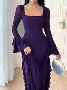 Modelyn Đầm dài tay xếp ly cổ vuông nhiều lớp thiết kế thời trang cao cấp tay chuông cho nữ, lưới tương phản thanh lịch cho nữ, bèo nhún, viền bèo nhún Đầm dài tay cổ vuông ôm vừa vặn màu tím tím tay loe trơn chữ A Đầm dài cho nữ, mùa xuân/thu, đầm dạ hội dài mặc hàng ngày - Màu tím  Violet - Xem 3